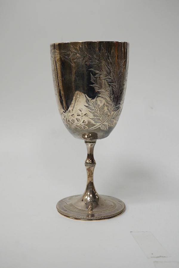 A Victorian engraved silver goblet, by Thomas Smily, London, 1872, 17.6cm, 6oz (a.f.). Condition - poor